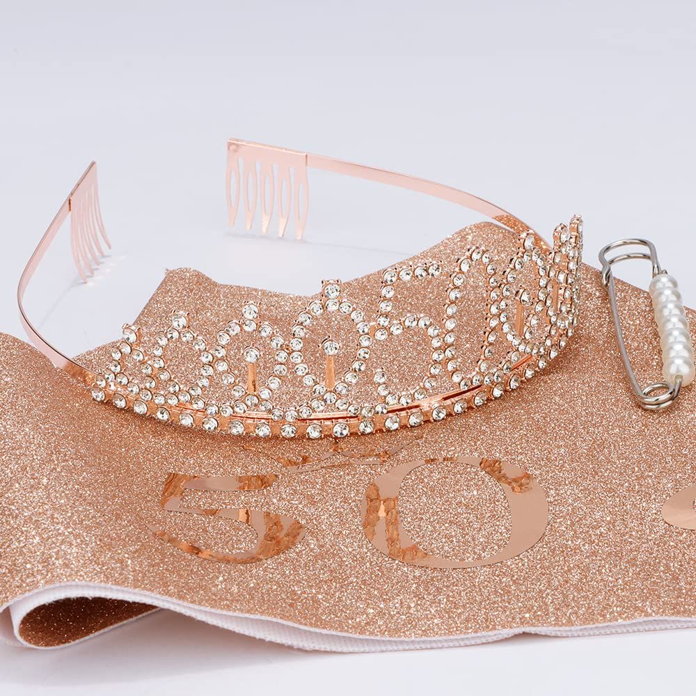 50th Birthday for Women, 50th Birthday Decorations Women, Rose Gold Queen Crown for Women 50th Birthday Party