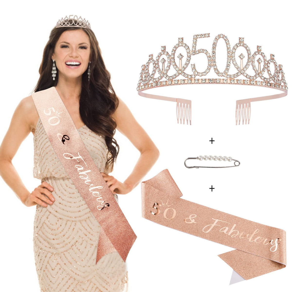 50th Birthday for Women, 50th Birthday Decorations Women, Rose Gold Queen Crown for Women 50th Birthday Party