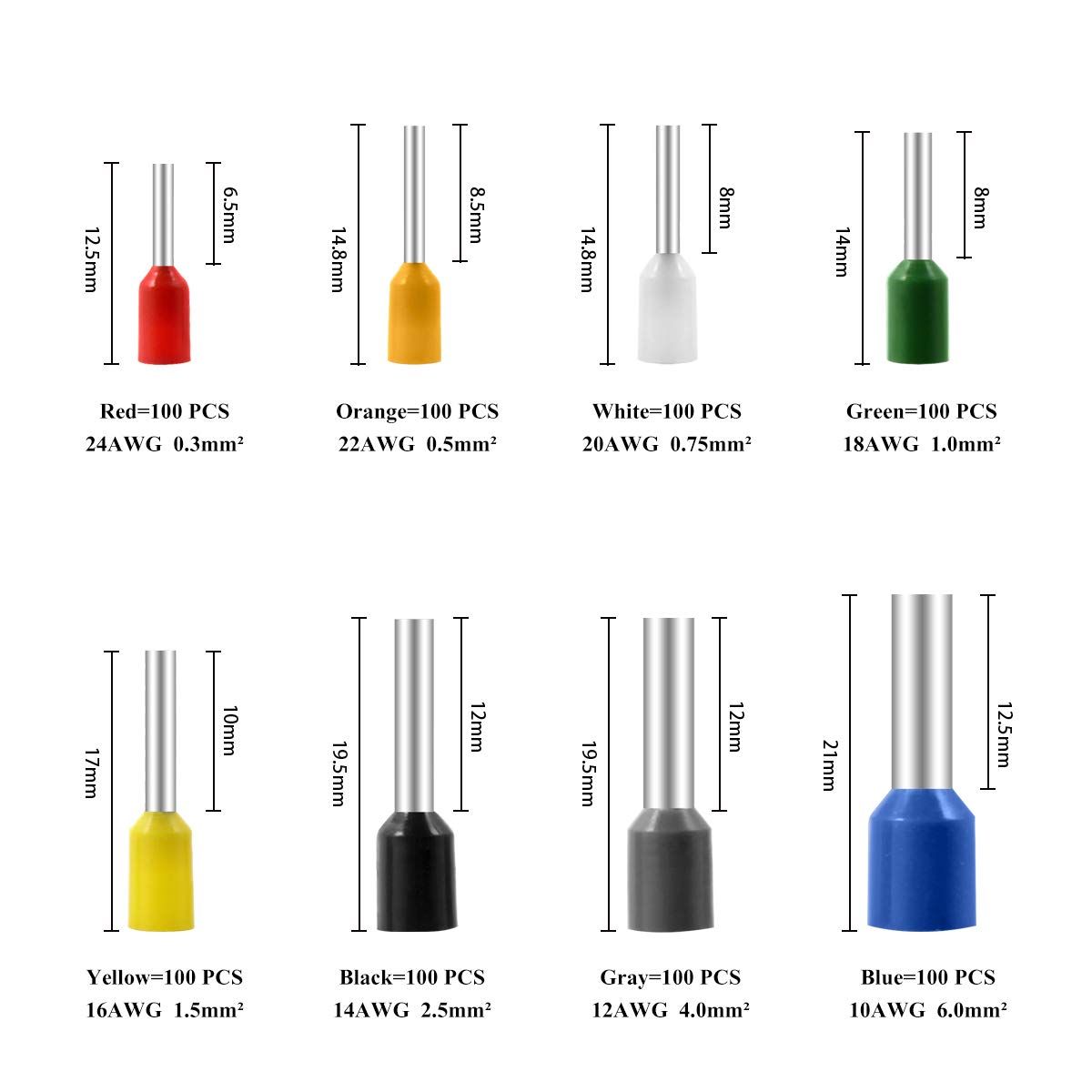 800PCS Wire Ferrules, Insulated Ferrule Crimp Pin Terminal Kit for Electrical Projects, AWG 24-10, 8 Sizes