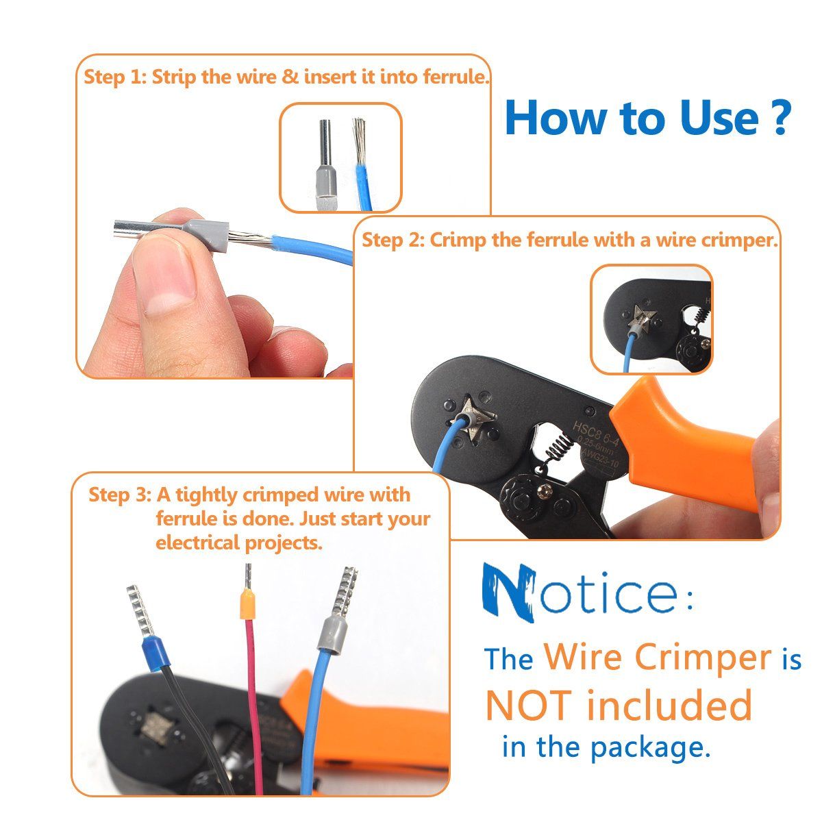 800PCS Wire Ferrules, Insulated Ferrule Crimp Pin Terminal Kit for Electrical Projects, AWG 24-10, 8 Sizes