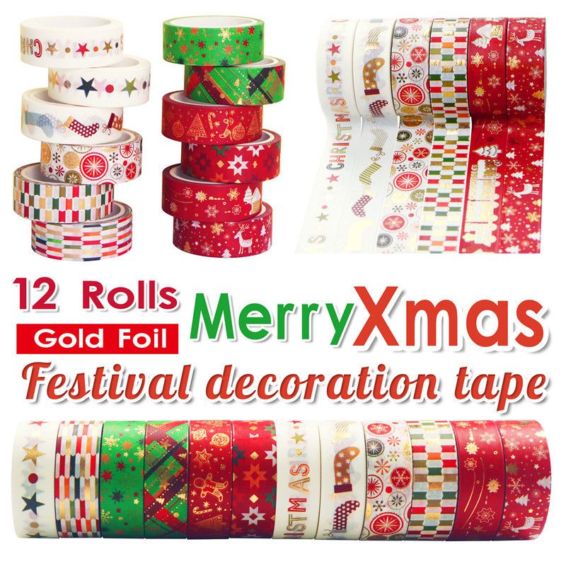 12 Rolls Christmas Tapes 15mm Wide Christmas Tree Snowflakes Santa Claus Gingerbread Man Masking Tape for Xmas Scrapbooking