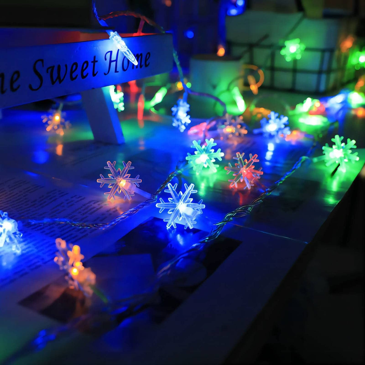 Christmas Lights Multicolor LED Multi Colored Snowflake String Lights Battery Operated Colorful Fairy Light for Bedroom Party Home