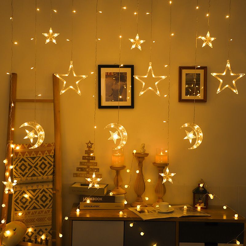 Curtain String Lights,Christmas Star Moon Curtain Lights -Xmas Ramadan Decorations Light -Curtain Home Festival Christmas