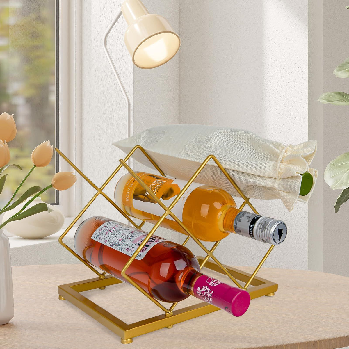 Wine Rack Countertop -5 Bottle Freestanding Modern Gold Metal Small Wine Rack Tabletop Wine Bottle Holder Stand for Cabinet Pantry