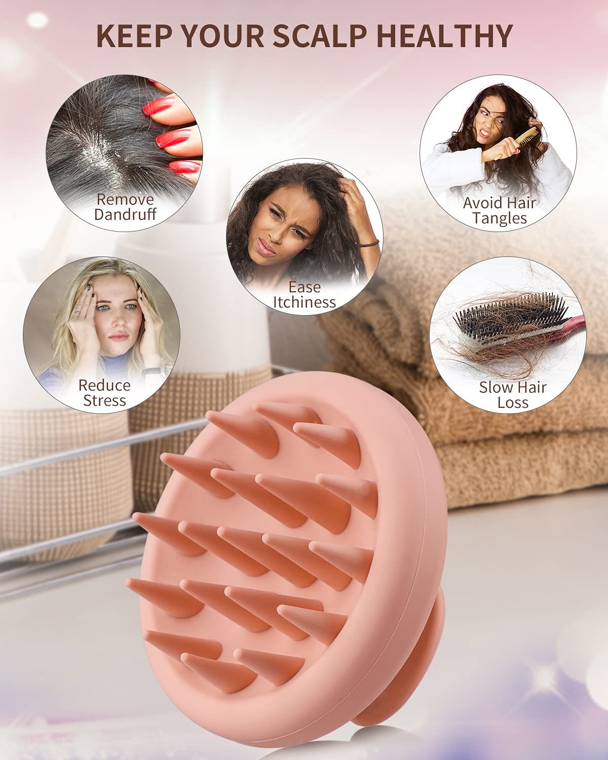Scalp Scrubber with Soft Bristles for Hair Growth & Dandruff Treatment, Wet Dry Hair Massager for All Hair Types of Women (Pink)