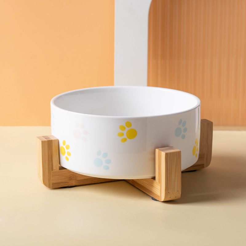 Ceramic Round Dog Cat Bowl with Wood Stand, Durable Ceramic Food Water Elevated Dish for Pet, Modern Cute Weighted Food (2pcs)