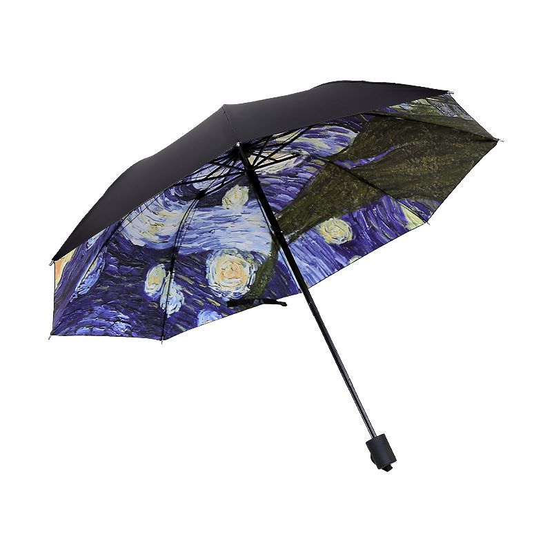 Starry Night Travel Umbrella Oil Paint Totes Auto Open Close Umbrella Windproof Compact Folding Reverse Umbrella Portable for Kid