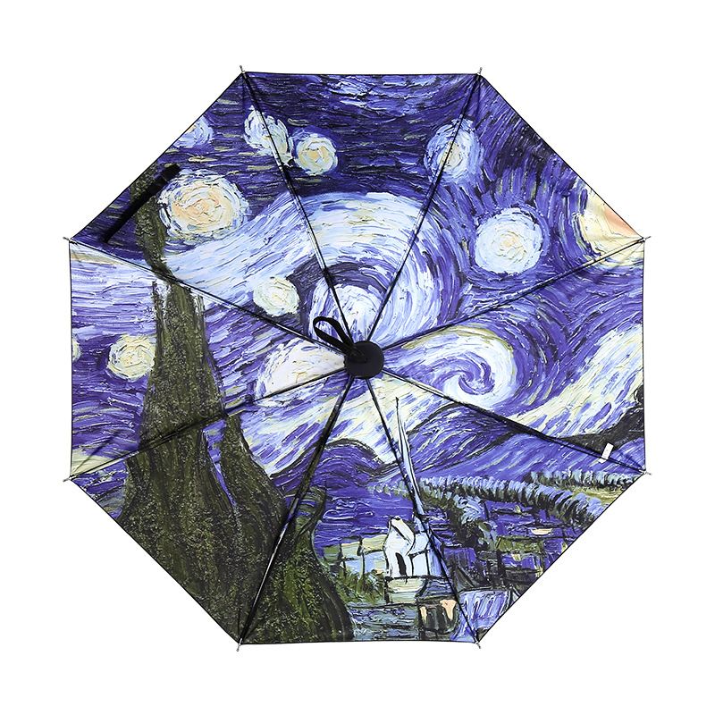 Starry Night Travel Umbrella Oil Paint Totes Auto Open Close Umbrella Windproof Compact Folding Reverse Umbrella Portable for Kid