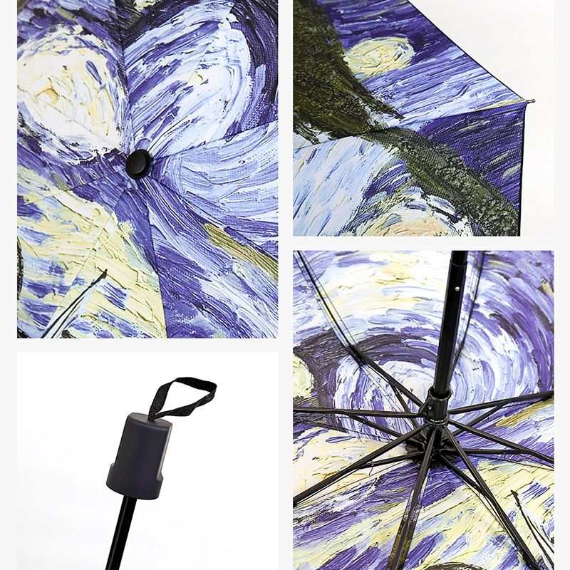 Starry Night Travel Umbrella Oil Paint Totes Auto Open Close Umbrella Windproof Compact Folding Reverse Umbrella Portable for Kid