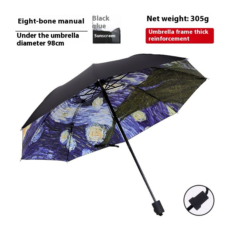 Starry Night Travel Umbrella Oil Paint Totes Auto Open Close Umbrella Windproof Compact Folding Reverse Umbrella Portable for Kid