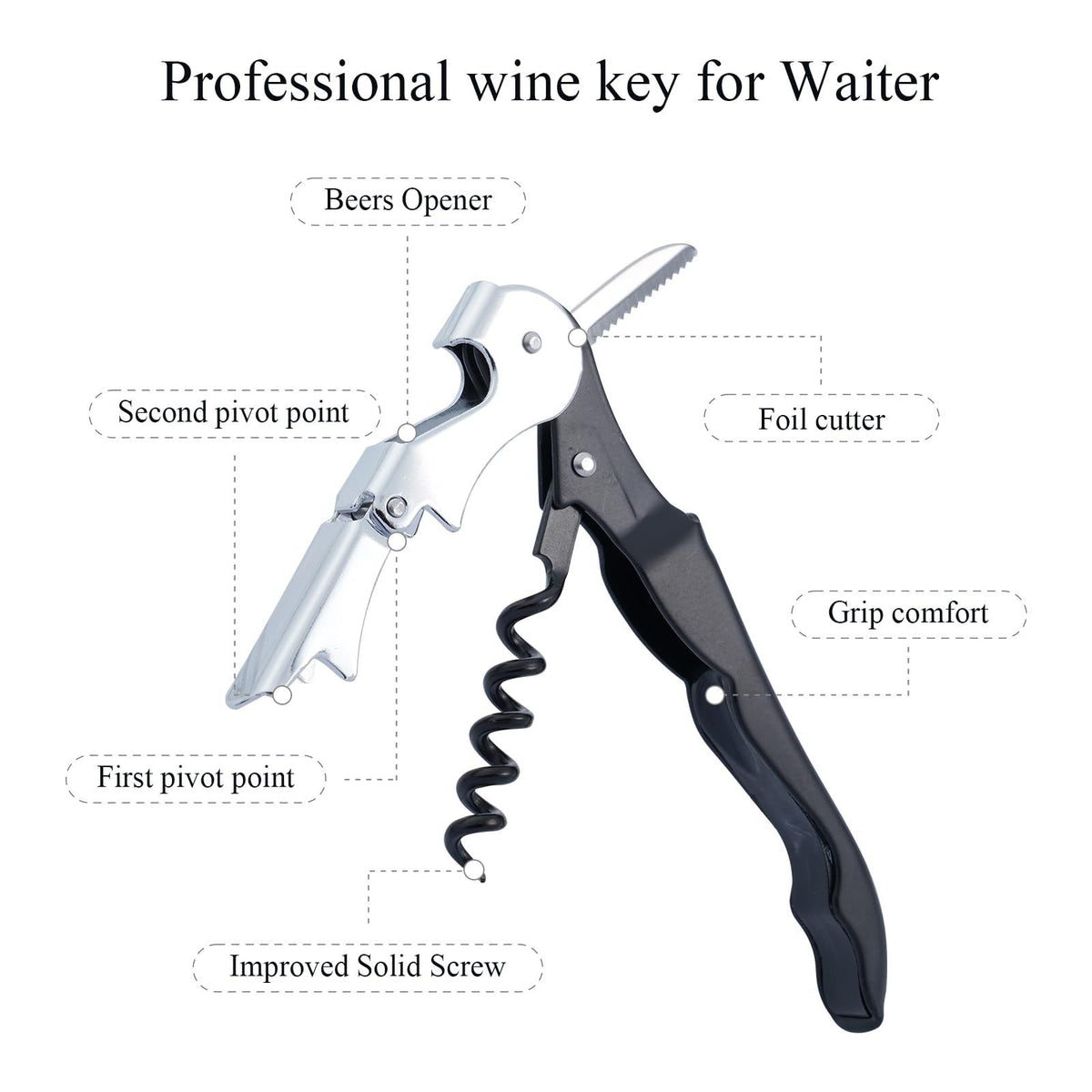 Wine Key Corkscrew - Stainless Steel Wine Opener with Foil Cutter, Professional Bar Accessories Wine Key for Servers, Bartenders