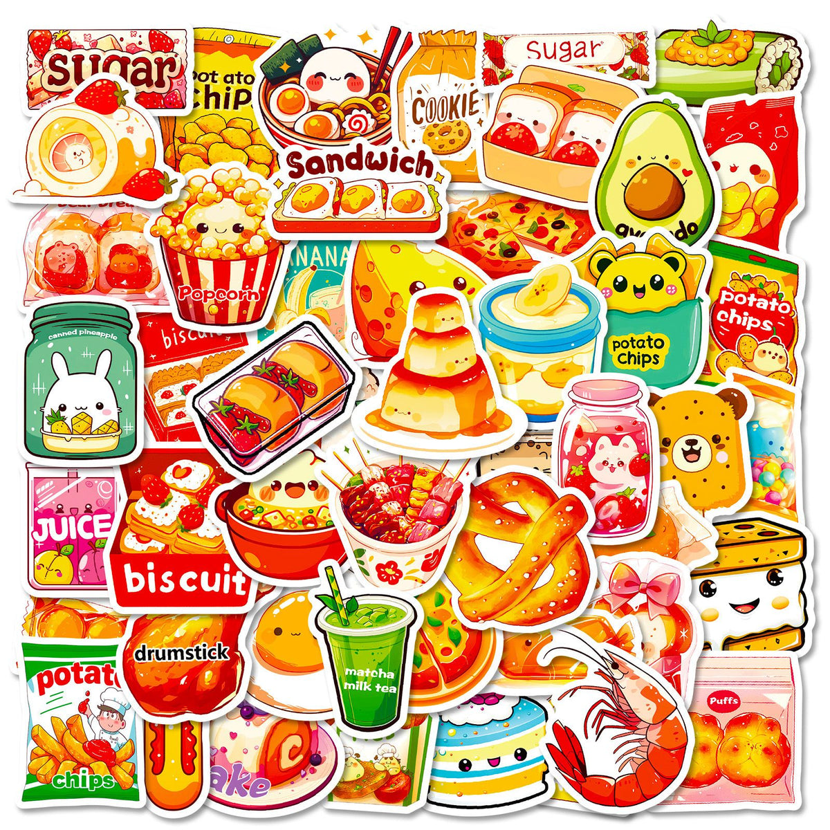 Food Stickers for Kids Cute Food Stickers for Water Bottles Stickers for Adults Teens Laptop Stickers Waterproof Fast Food 50Pcs