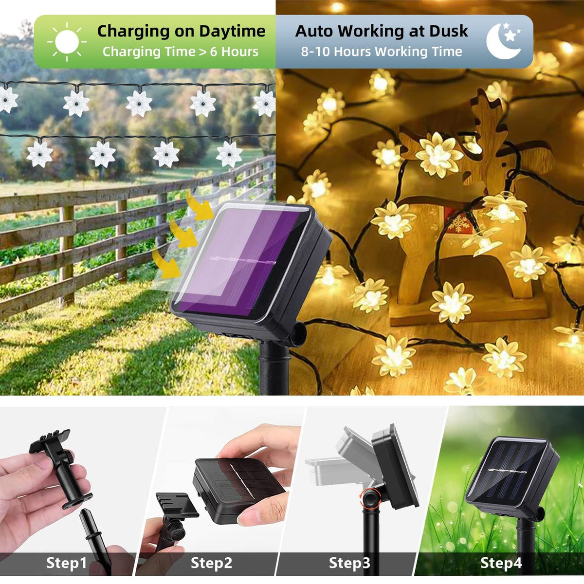 Solar Flower String Lights Outdoor Waterproof Upgraded Flower Fairy Light for Garden Fence Patio Yard Christmas Tree(Warm White)