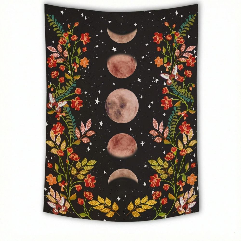 Moonlit Garden Tapestry, Moon Phase Surrounded by Vines and Flowers Black Wall Decor Tapestry 39*59 in