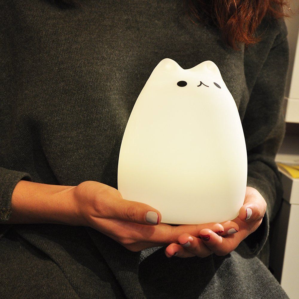 Cute Kitty Night Light, Rechargeable Silicone Cute Lamp with Warm White & 7-Color Breathing Modes, Touch Sensor Control