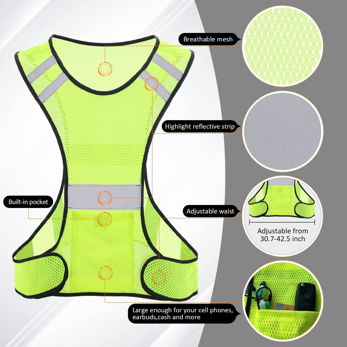 Reflective Night Running Vest with Adjustable Strap&Breathable Holes, Ultrathin Lightweight Safety Vest with 360° High Visibility
