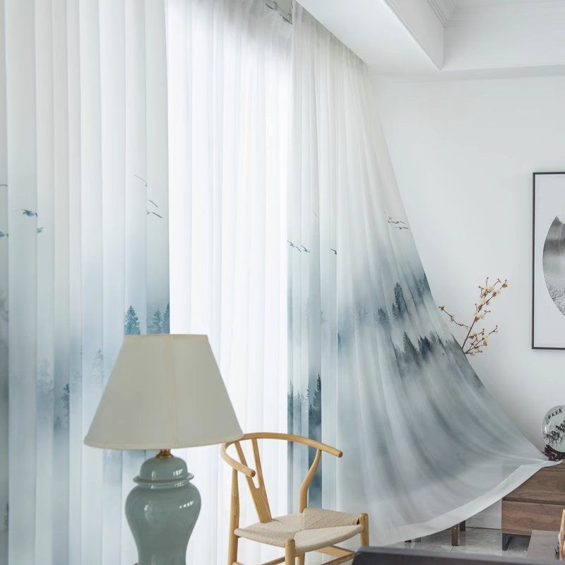 Green Window Curtains Pack of 2, Contemporary Minimalist Lands of Wild Forest and Misty Mountain Range , Lightweight Set