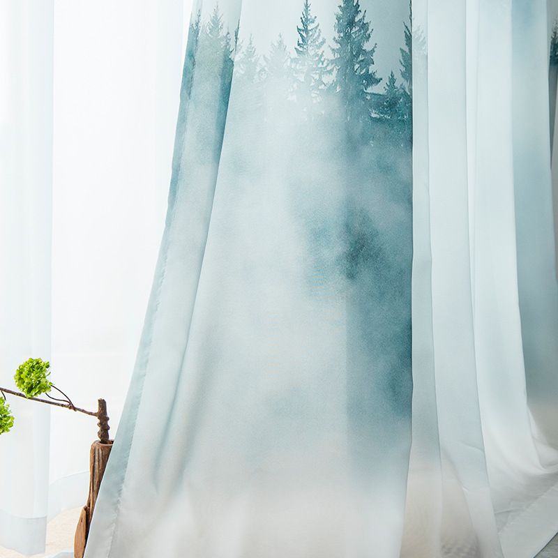 Green Window Curtains Pack of 2, Contemporary Minimalist Lands of Wild Forest and Misty Mountain Range , Lightweight Set