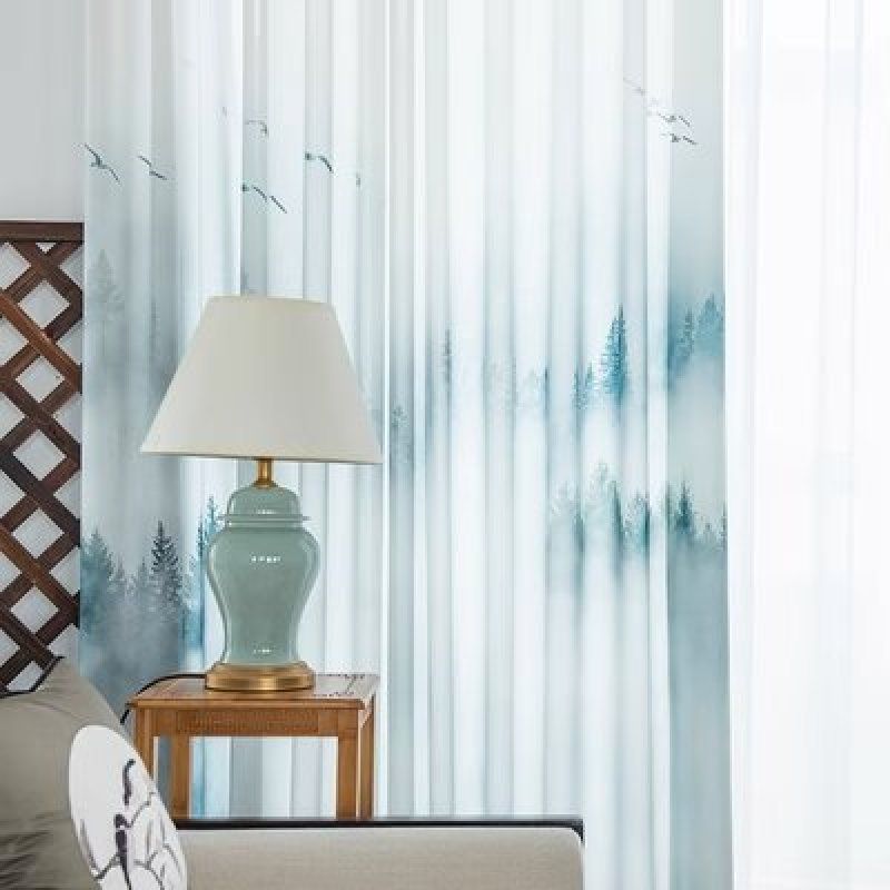 Green Window Curtains Pack of 2, Contemporary Minimalist Lands of Wild Forest and Misty Mountain Range , Lightweight Set
