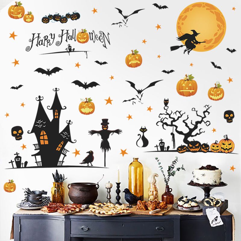 Happy Halloween Removable Wall Stickers Window Art Decoration Vinyl Witch Bats Pumpkin Decals for Home Decor Indoor Outdoor