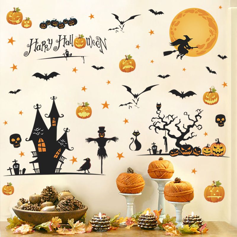 Happy Halloween Removable Wall Stickers Window Art Decoration Vinyl Witch Bats Pumpkin Decals for Home Decor Indoor Outdoor
