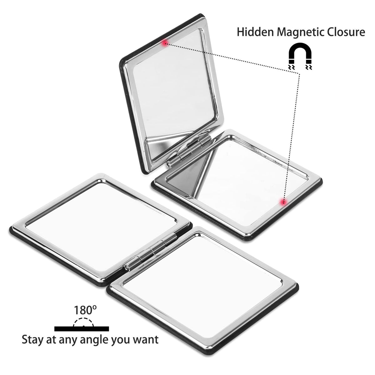 Makeup Mirror for Pocket Purse Clutch, Magnifying Foldable Cosmetic Mirror, Portable Travel Mirror for Beauty, Black Elegant