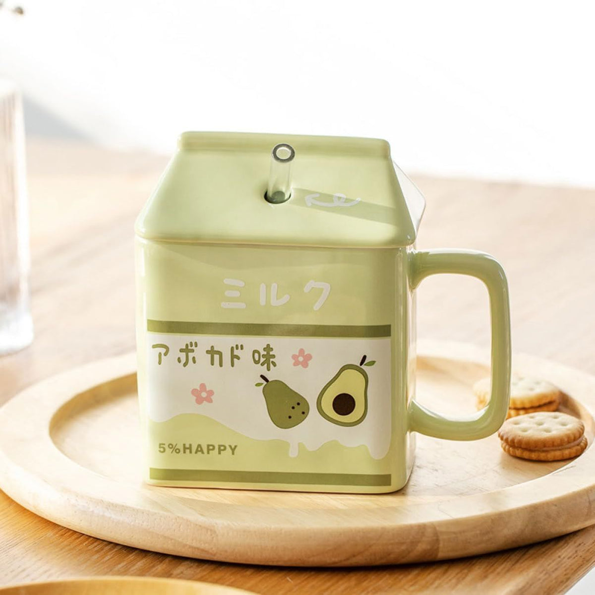 Milk Carton Coffee Cup (390ml) Tea Juice Milk Chocolate Cappuccino with Glass Straw Perfect Holiday Gift Latte Mug (Green)