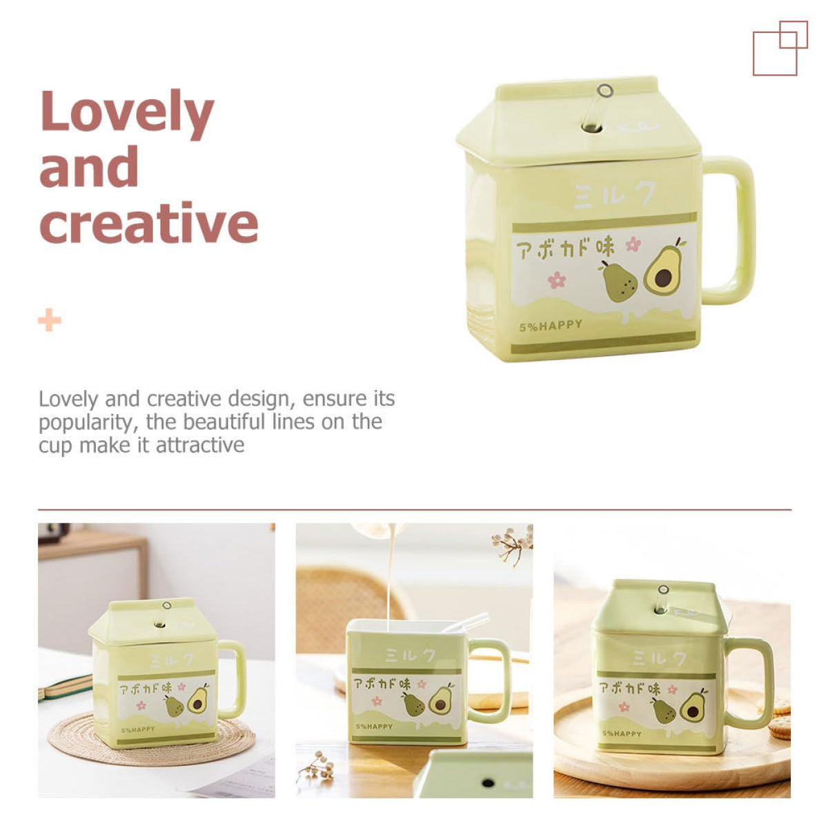 Milk Carton Coffee Cup (390ml) Tea Juice Milk Chocolate Cappuccino with Glass Straw Perfect Holiday Gift Latte Mug (Green)