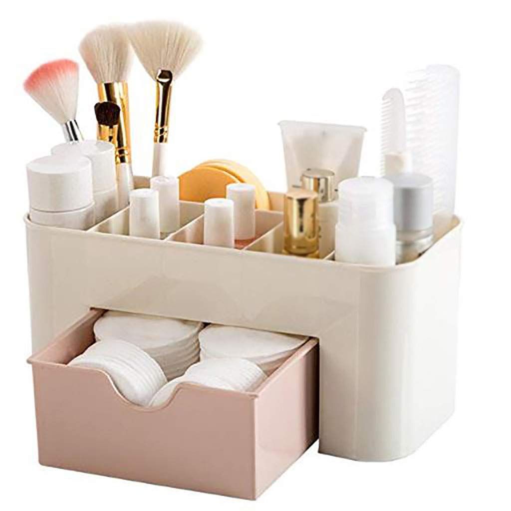 Plastic Cosmetic Organizer Makeup Countertop Display Case Desktop Cosmetic Box with Small Drawer Multifunctional Desk Make (Pink)