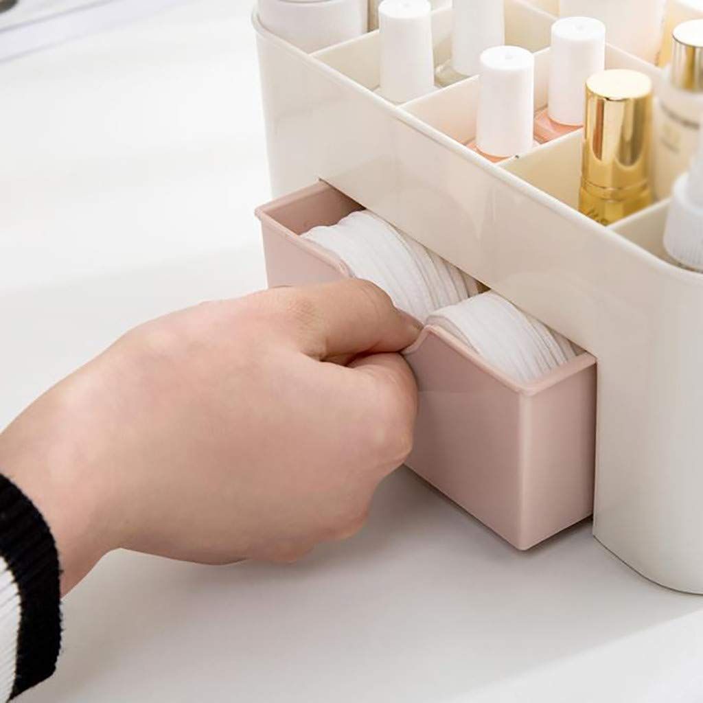 Plastic Cosmetic Organizer Makeup Countertop Display Case Desktop Cosmetic Box with Small Drawer Multifunctional Desk Make (Pink)