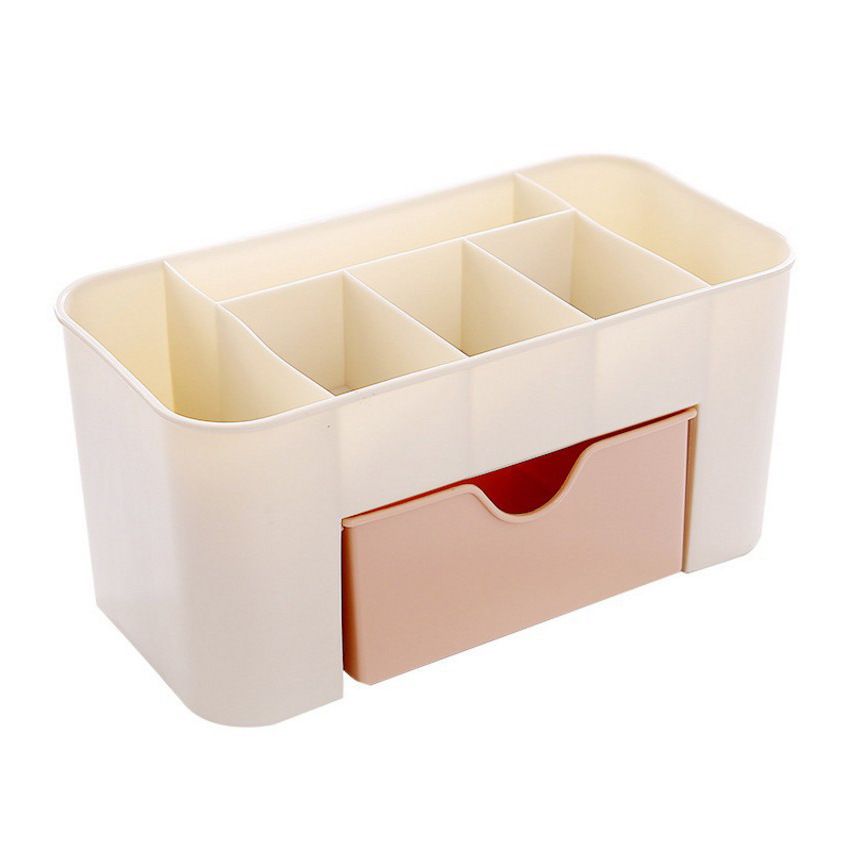 Plastic Cosmetic Organizer Makeup Countertop Display Case Desktop Cosmetic Box with Small Drawer Multifunctional Desk Make (Pink)