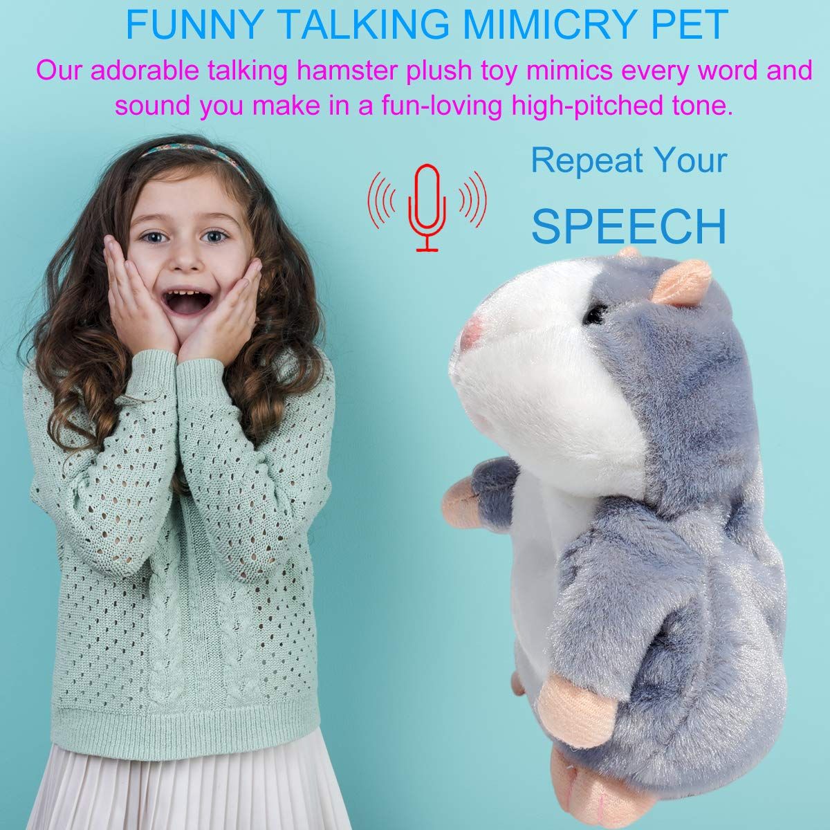 Talking Hamster Repeats What You Say Mimicry Pet Toy Plush Buddy Mouse with Interactive Function, Gift for Kids Birthday (Gray)