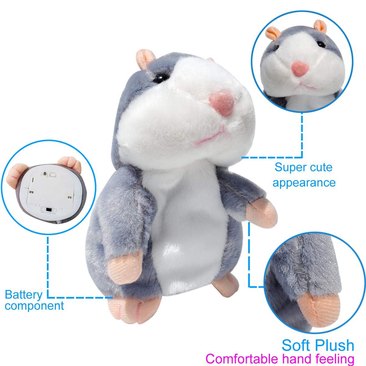Talking Hamster Repeats What You Say Mimicry Pet Toy Plush Buddy Mouse with Interactive Function, Gift for Kids Birthday (Gray)