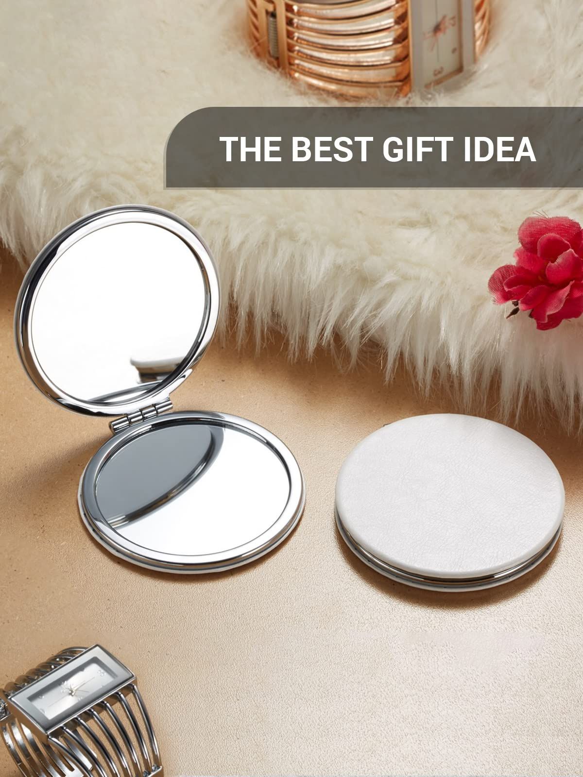 Compact Mirror,Double-Sided Makeup Small Mirror for Purse with 1X/3X Magnification PU Leather (White, 2.5")