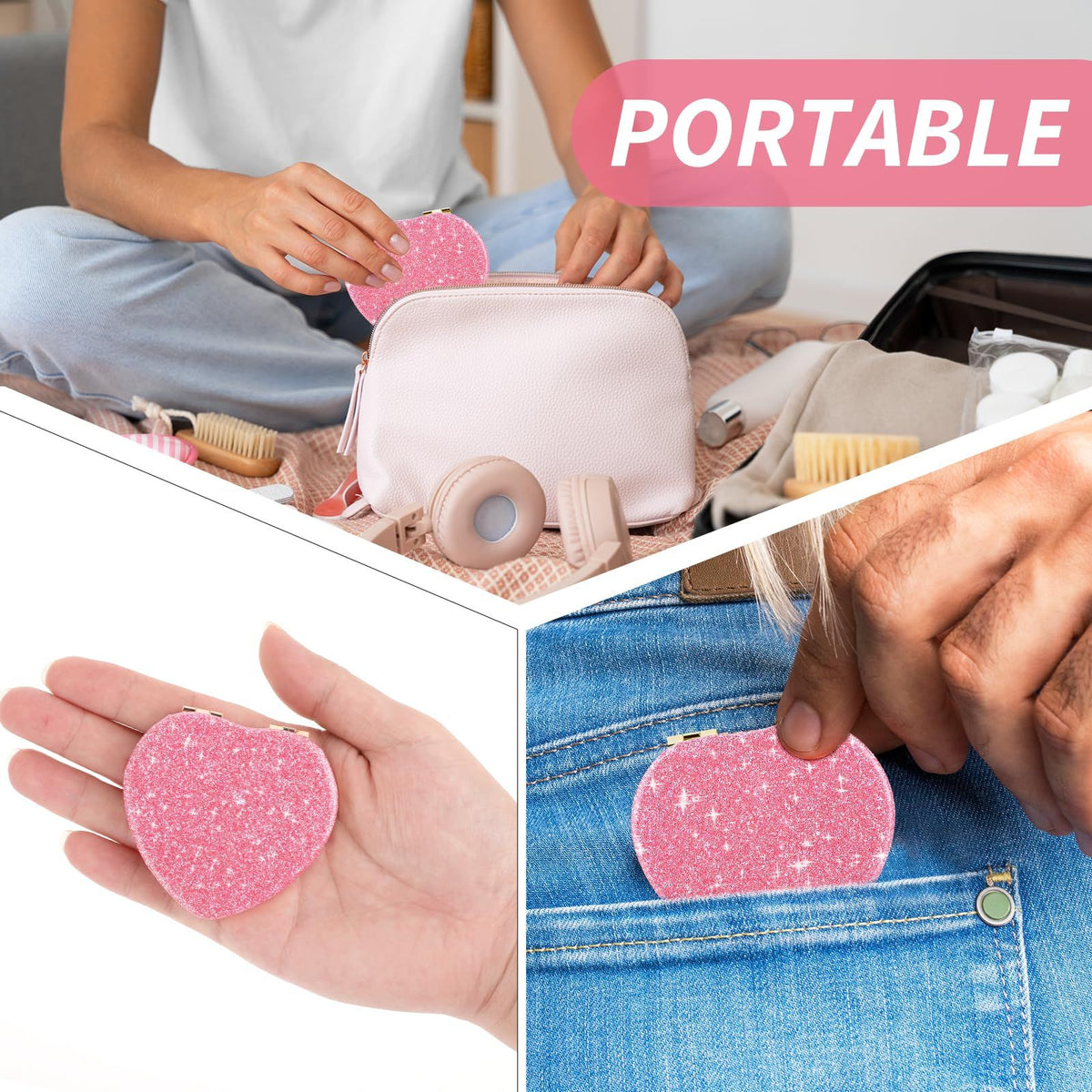 Compact Folding Mirror Heart Shaped Magnifying Mini Vanity Mirror Portable Travel Makeup Mirror for Purse Double-Sided Cute