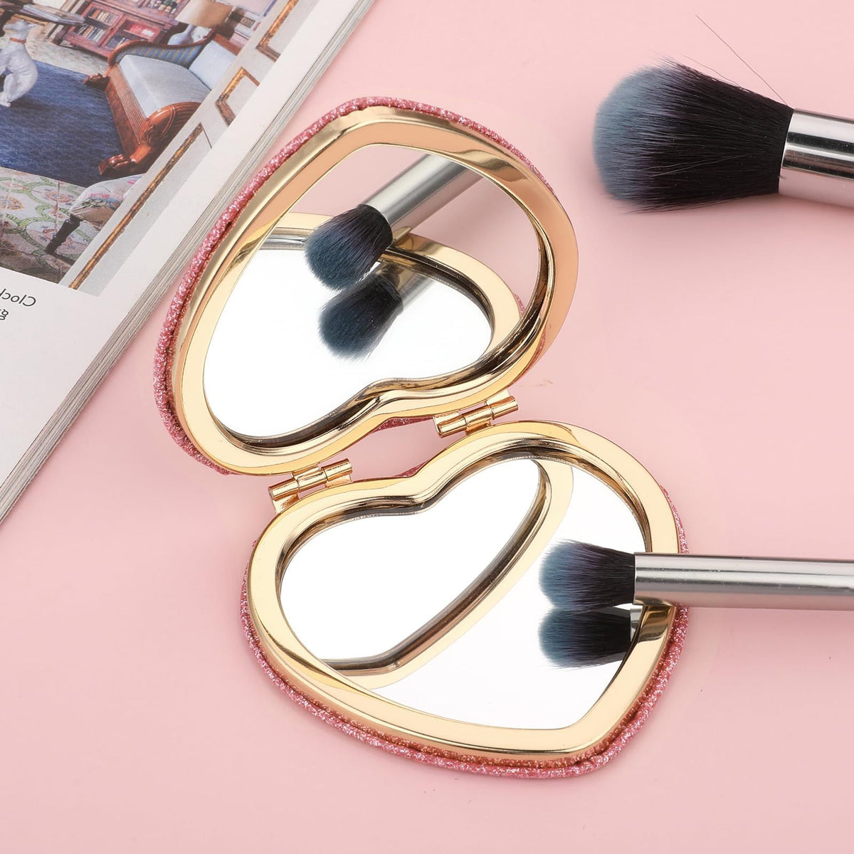 Compact Folding Mirror Heart Shaped Magnifying Mini Vanity Mirror Portable Travel Makeup Mirror for Purse Double-Sided Cute