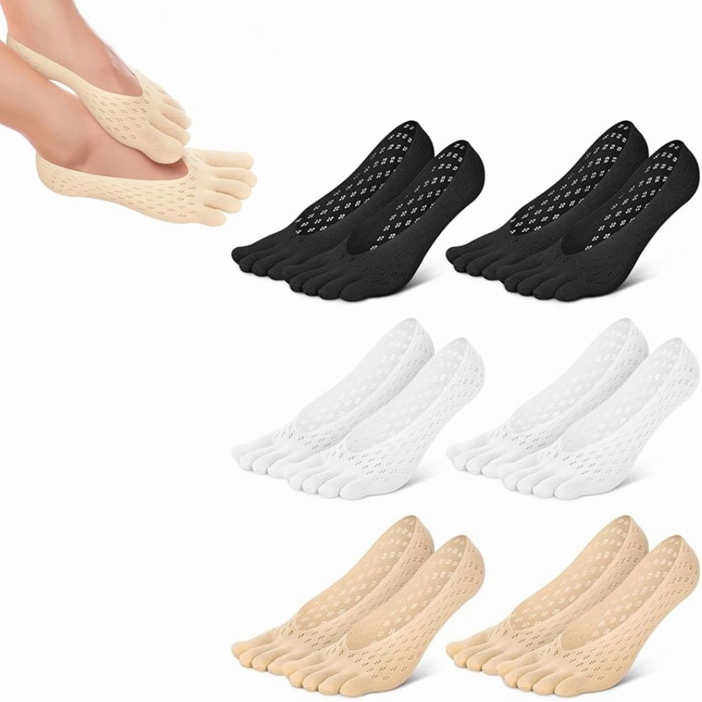 6 Pairs Orthopedic Compression Socks, No Show Five Toes, Breathable Split Toe Finger Cotton Socks with Non Slip Silicone（2 Black +2 Beige+ 2 White）
