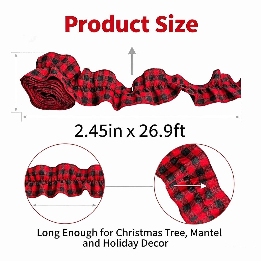 Plaid Christmas Garland, Buffalo Rustic Craft Ribbon Ruffled for Home Wreath Staircase Tree Decor(Red and Black, 2.45in x 26.9ft)