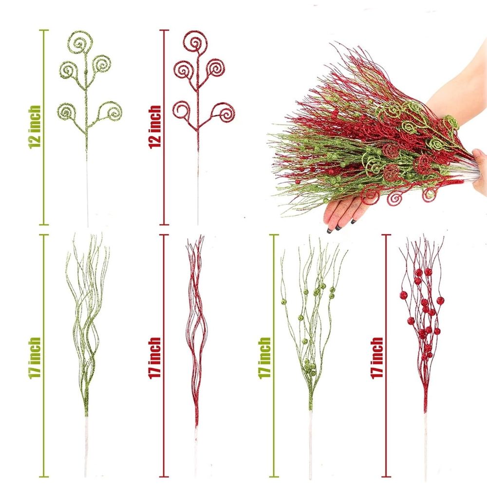 32 Pcs Red Green Christmas Tree Picks Decorations 17'/12' Christmas Tree Topper Artificial Glitter Berry Branches Filler Ornaments Decorative Sticks for Xmas Wreath Craft Vase Filler