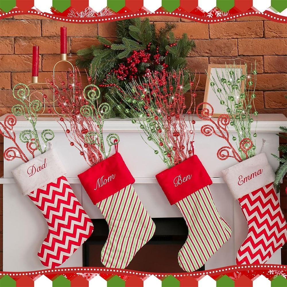 32 Pcs Red Green Christmas Tree Picks Decorations 17'/12' Christmas Tree Topper Artificial Glitter Berry Branches Filler Ornaments Decorative Sticks for Xmas Wreath Craft Vase Filler