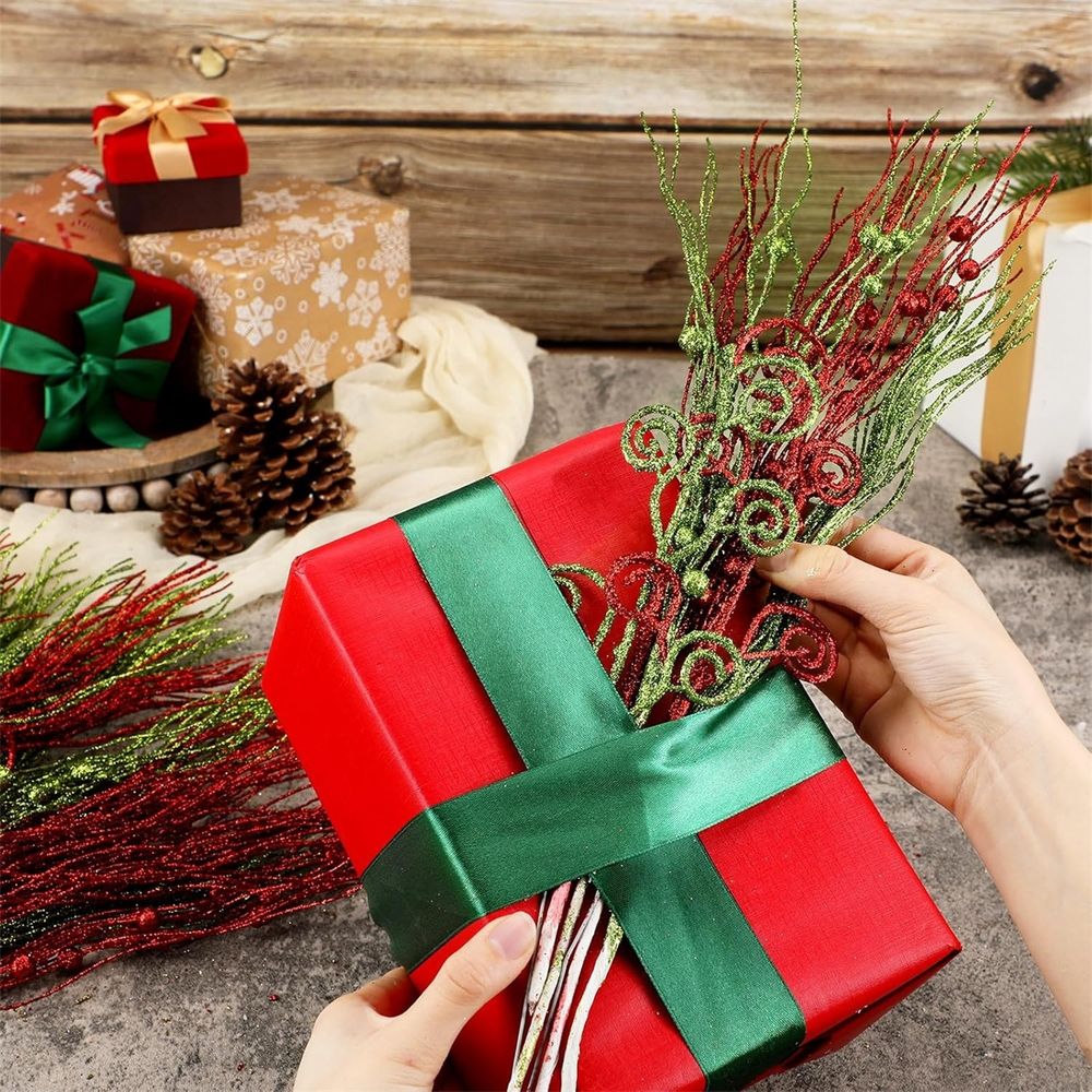 32 Pcs Red Green Christmas Tree Picks Decorations 17'/12' Christmas Tree Topper Artificial Glitter Berry Branches Filler Ornaments Decorative Sticks for Xmas Wreath Craft Vase Filler