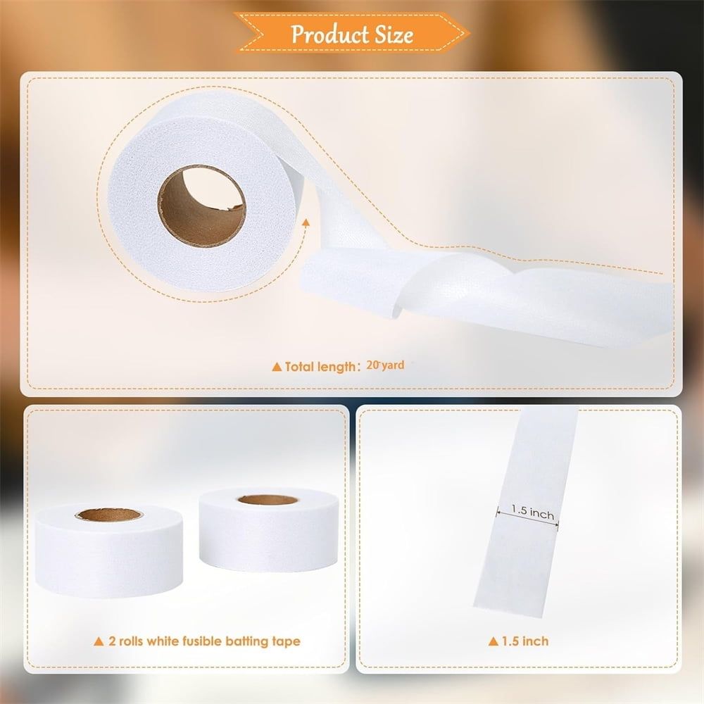 2Roll Fusible Batting Tape for Quilting 1.5 Inches x 20 Yards Batting Seam Tape Adhesive Hemming Tapes Single-Side Adhesive Warp-Knitted Stretchy Fabric