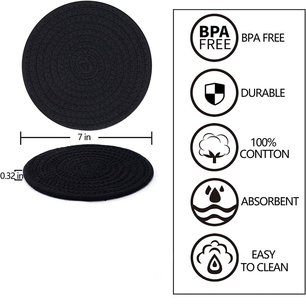 4 Pack 7 Polypropylene Woven Placemats for Dining Table, Heat Resistant Non-Slip Weave Placemats Handmade, Black