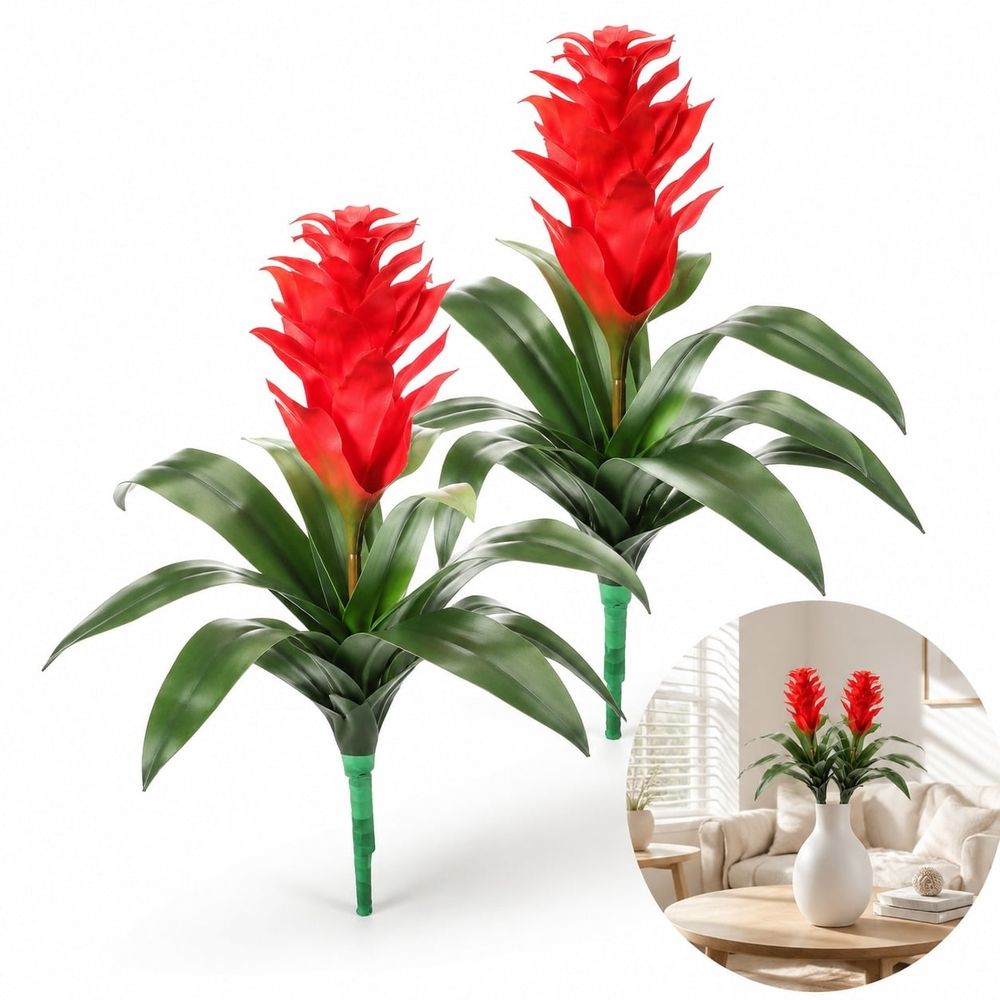 2 Pack 18 Inch Artificial Tropical Bromeliad Flowers, Fake Red Guzmania Floral Stems for Hawaiian Luau Party Home Patio Tropical Decor