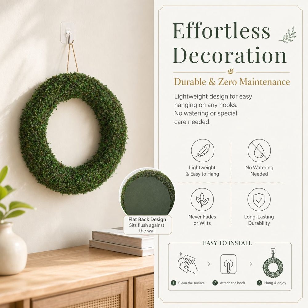 Natural Preserved Moss Wreath, 12 Green Real Moss Round Wreath Base, Blank DIY Moss Ring for Front Door Decor, Wedding Centerpiece, Spring Farmhouse Holiday Craft Supplies