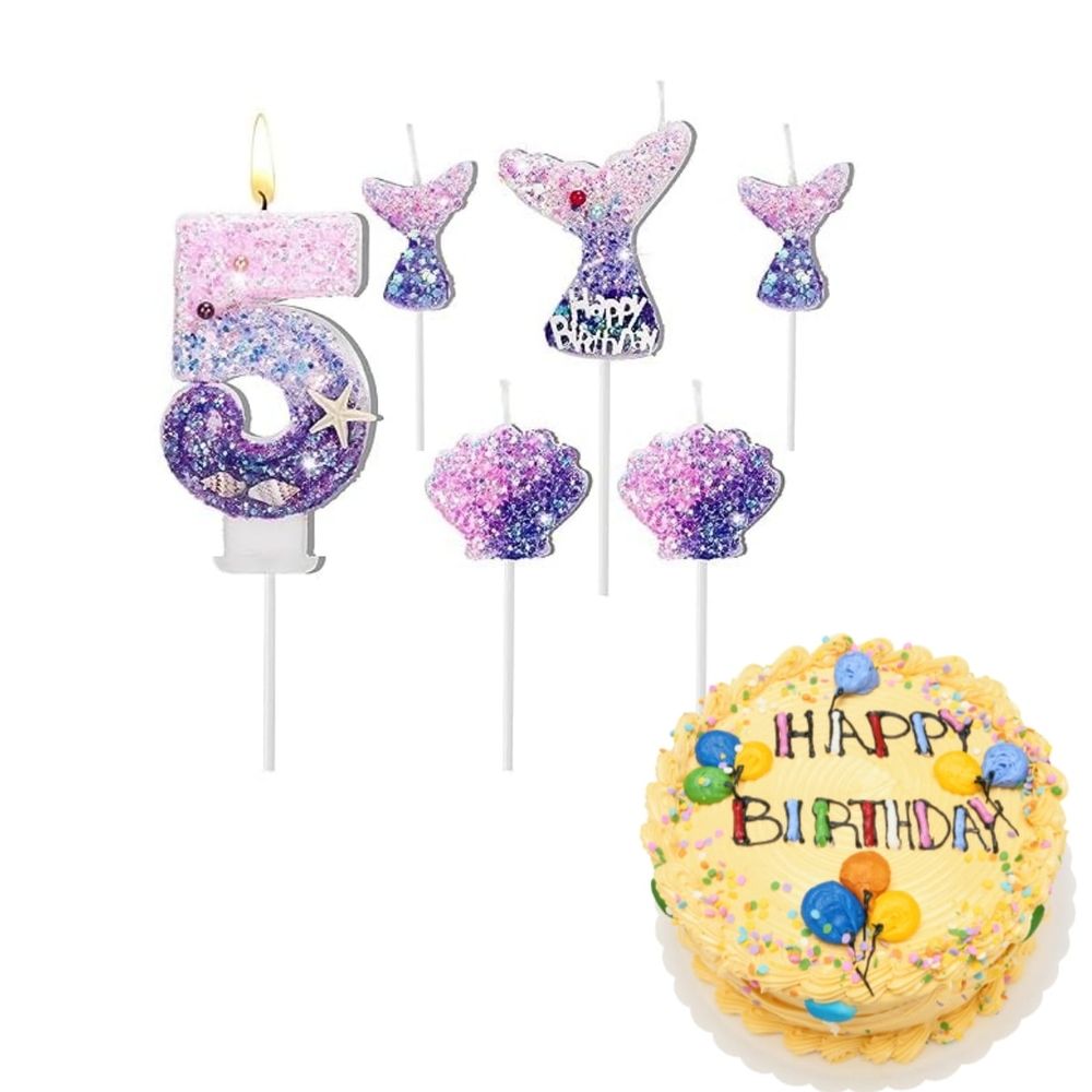 Birthday Candles, 2.8 Mermaid Theme Birthday Cake Decorations, Happy Birthday Candles for Cake, Gradient Purple Numeral Candle Mermaid Cake Topper Birthday Party Favors Decorations (Number 4)