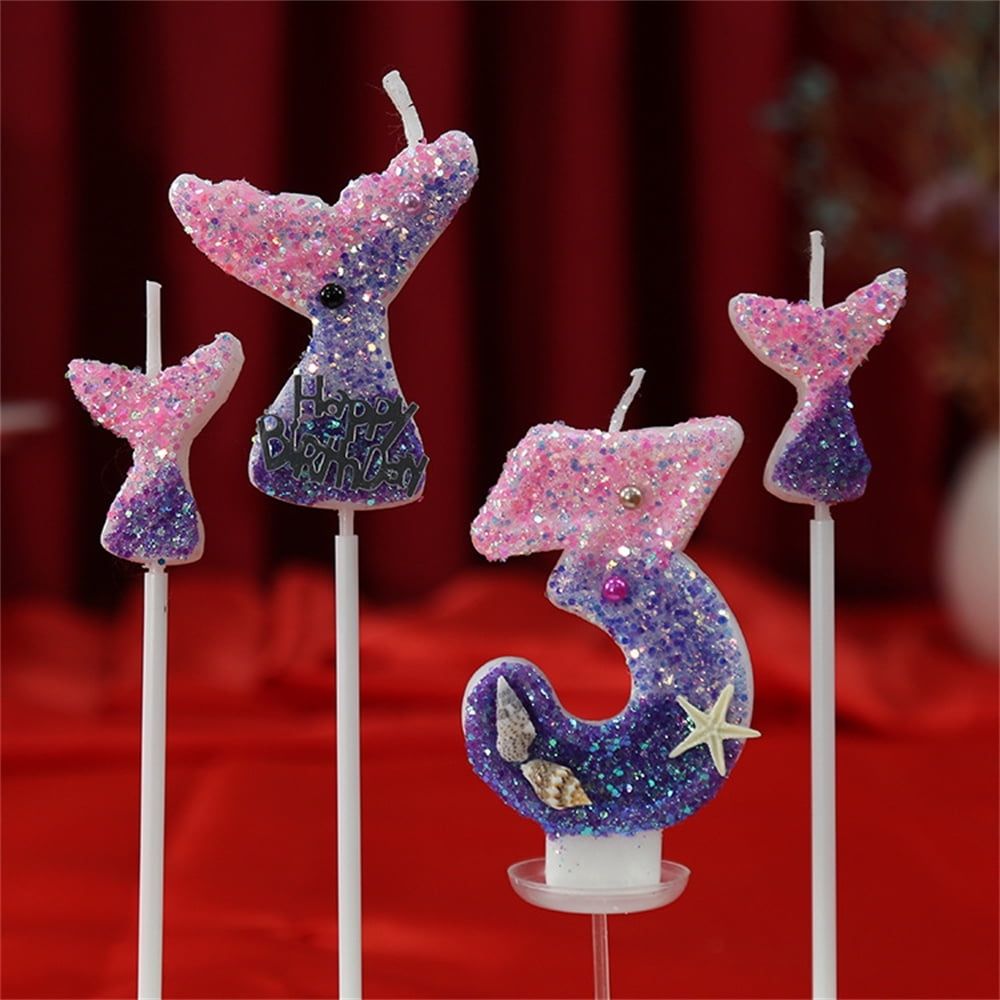 Birthday Candles, 2.8 Mermaid Theme Birthday Cake Decorations, Happy Birthday Candles for Cake, Gradient Purple Numeral Candle Mermaid Cake Topper Birthday Party Favors Decorations (Number 4)