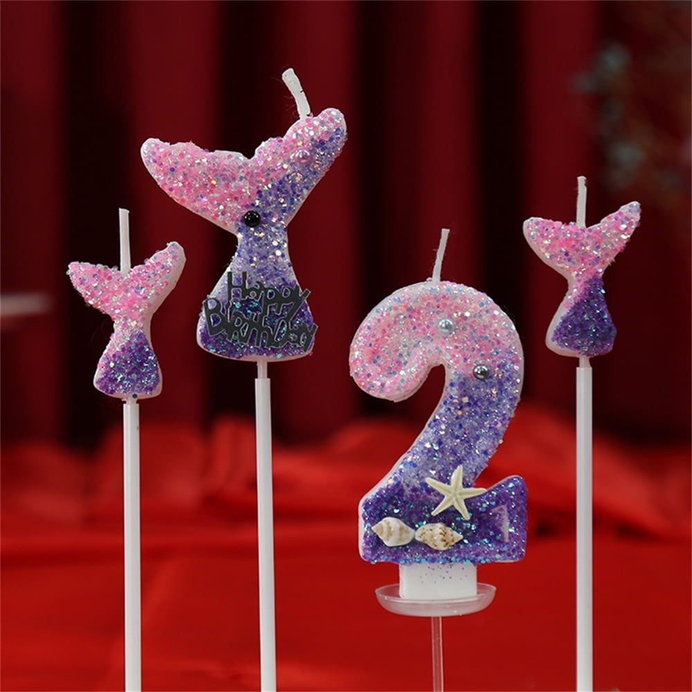 Birthday Candles, 2.8 Mermaid Theme Birthday Cake Decorations, Happy Birthday Candles for Cake, Gradient Purple Numeral Candle Mermaid Cake Topper Birthday Party Favors Decorations (Number 4)