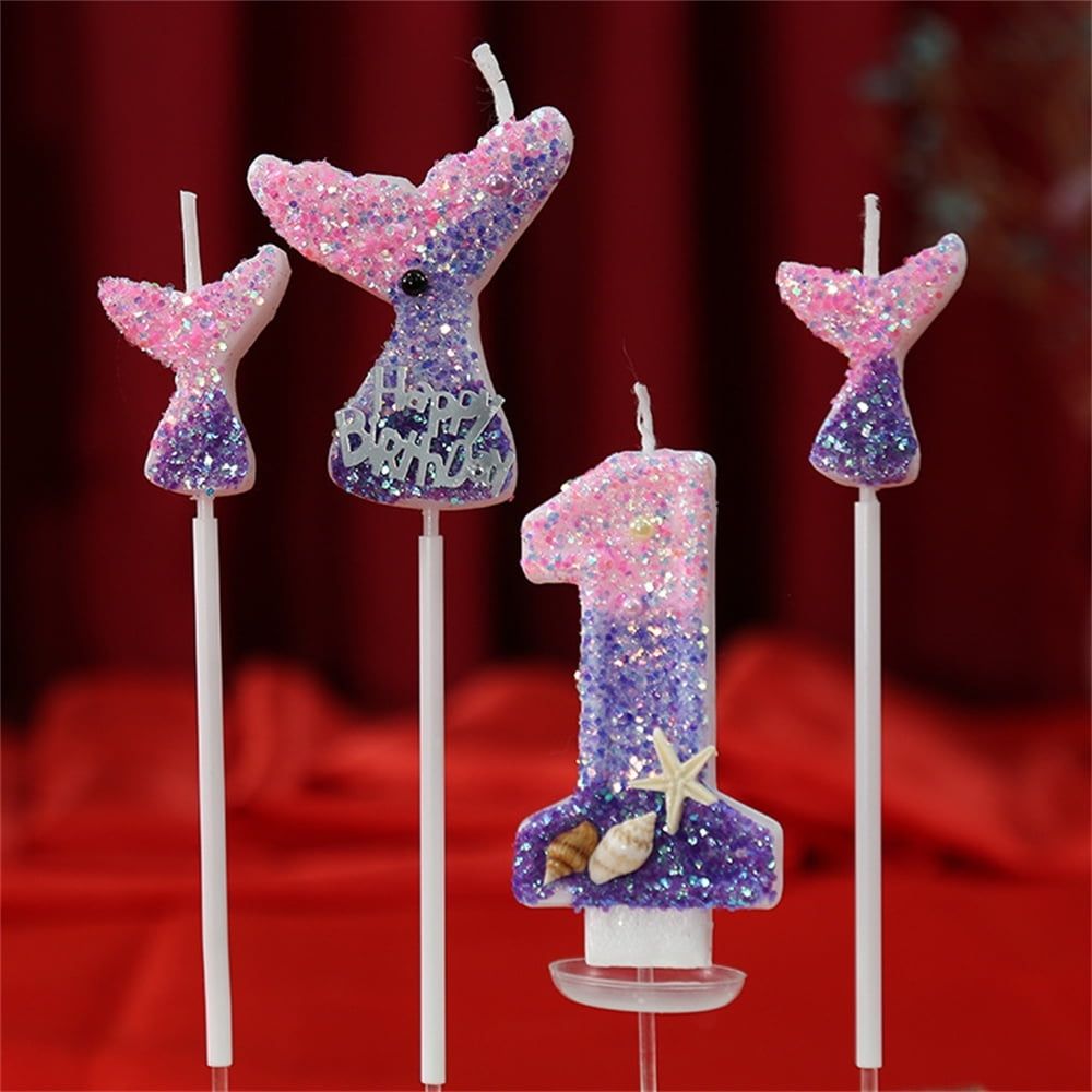Birthday Candles, 2.8 Mermaid Theme Birthday Cake Decorations, Happy Birthday Candles for Cake, Gradient Purple Numeral Candle Mermaid Cake Topper Birthday Party Favors Decorations (Number 4)