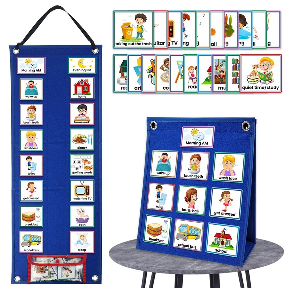 A Set of Daily Chore Routine Chart,Calendar Chart for Home & School,Autism Learning Materials Kids Visual Behavioral Tool,Large Kids Visual Schedule for Classroom & Home School (Blue)